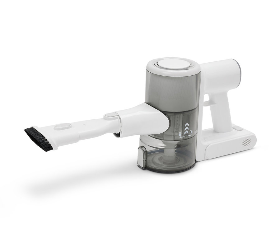 Weißer Profi-Akkusauger mit Bürstenaufsatz.