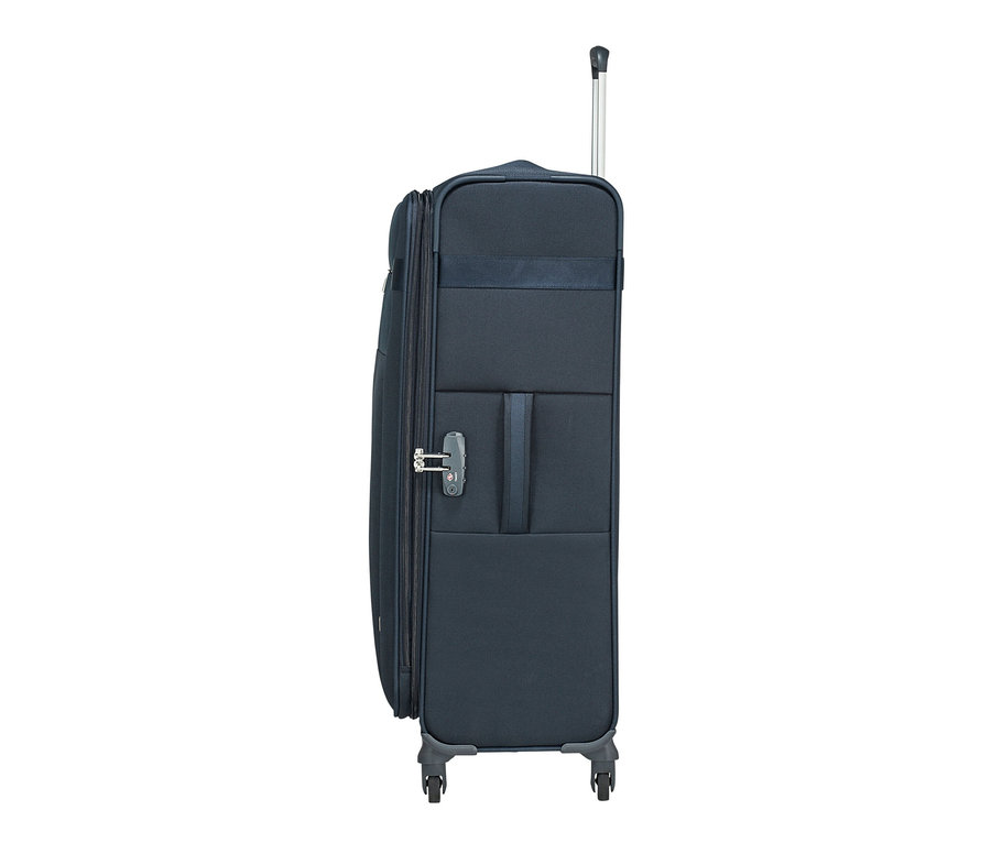 Detailansicht eines marineblauen Samsonite CITYBEAT SPINNER Koffers mit ausziehbarem Griff und Zahlenschloss.