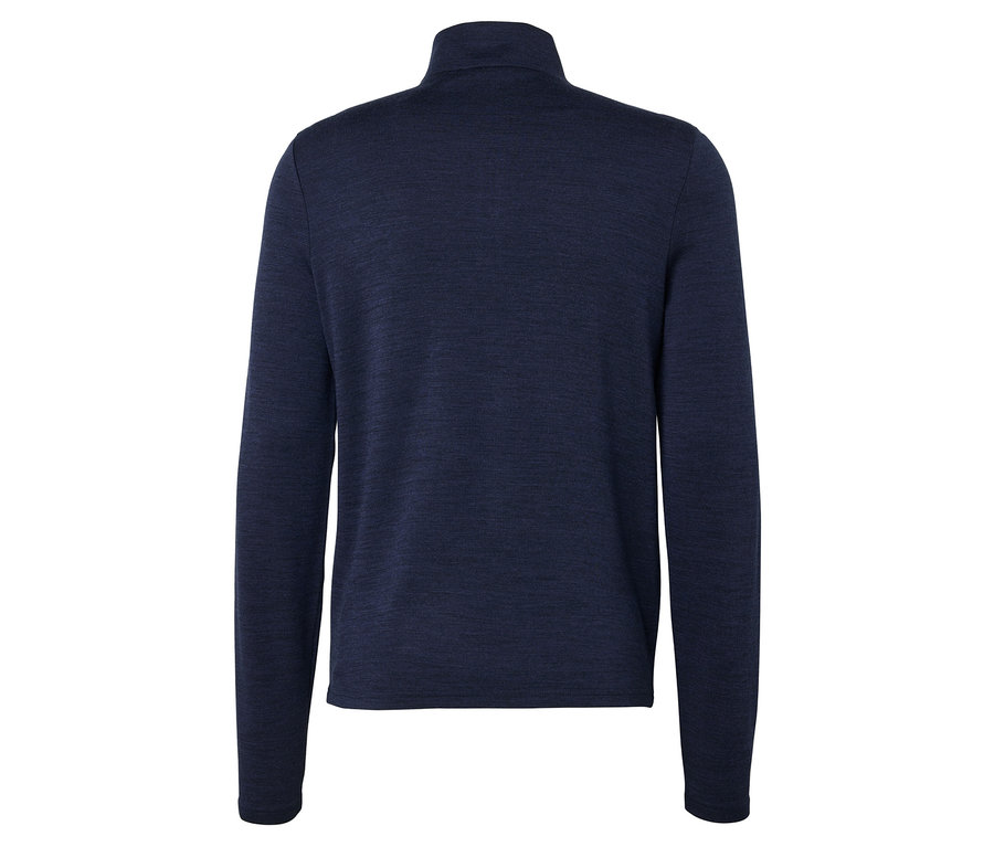 Rückansicht eines dunkelblauen Rollkragenpullovers.