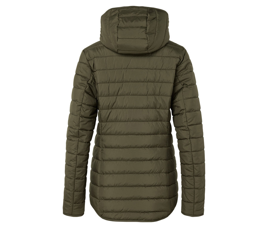 Rückansicht einer olivgrünen Steppjacke mit Kapuze.