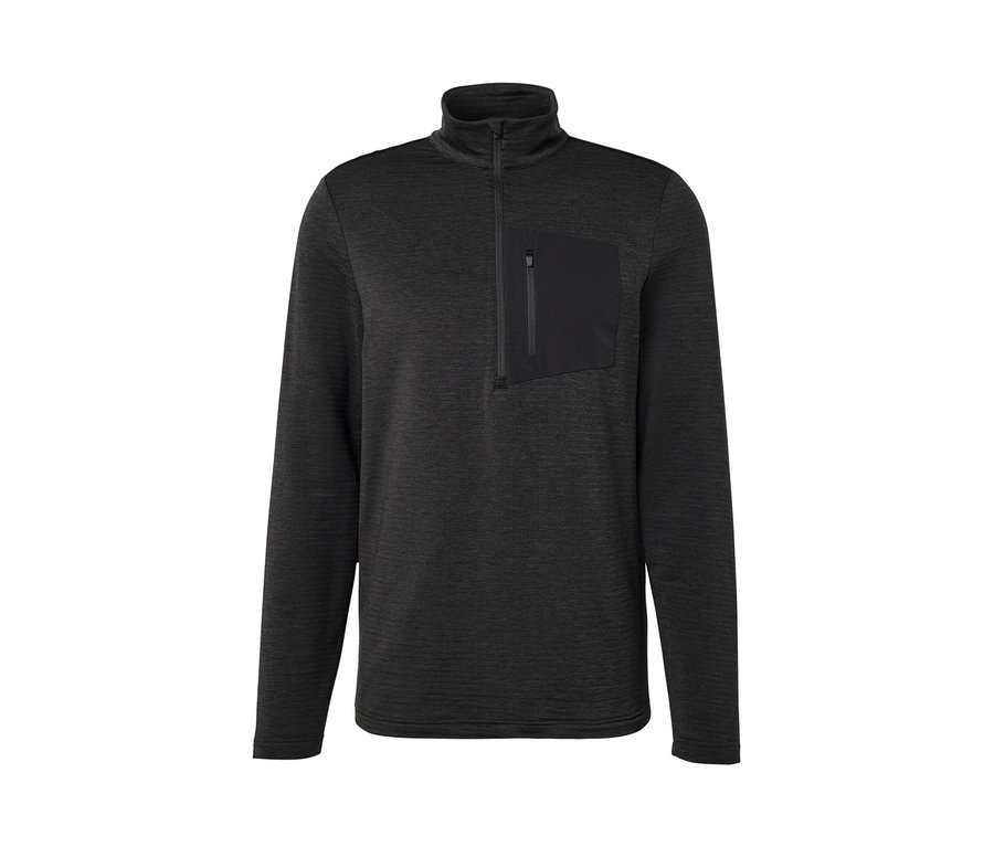 Ein anthrazitfarbenes Outdoor-Funktionsshirt mit langen Ärmeln und Brusttasche.