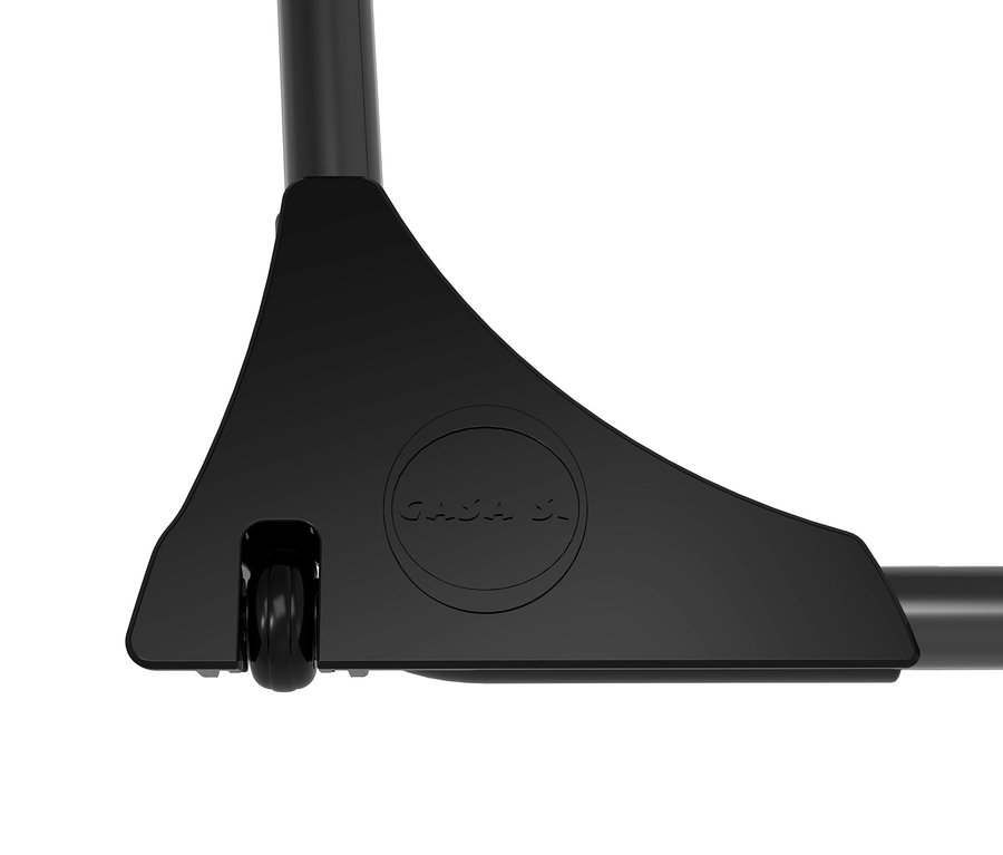 Detailaufnahme eines schwarzen Teleskop-Wäscheständers mit Rollen.