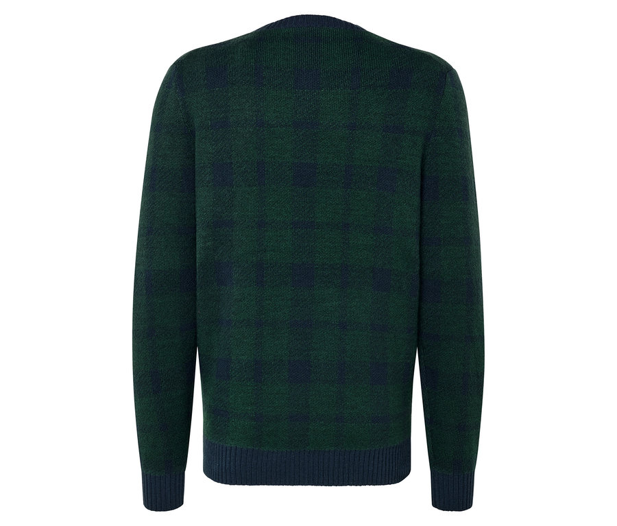 Rückansicht eines grünen Pullovers mit dunkelblauem Muster.