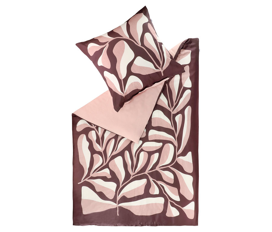 Bettwäsche-Set mit braunem, rosa und weißem Blattmuster.