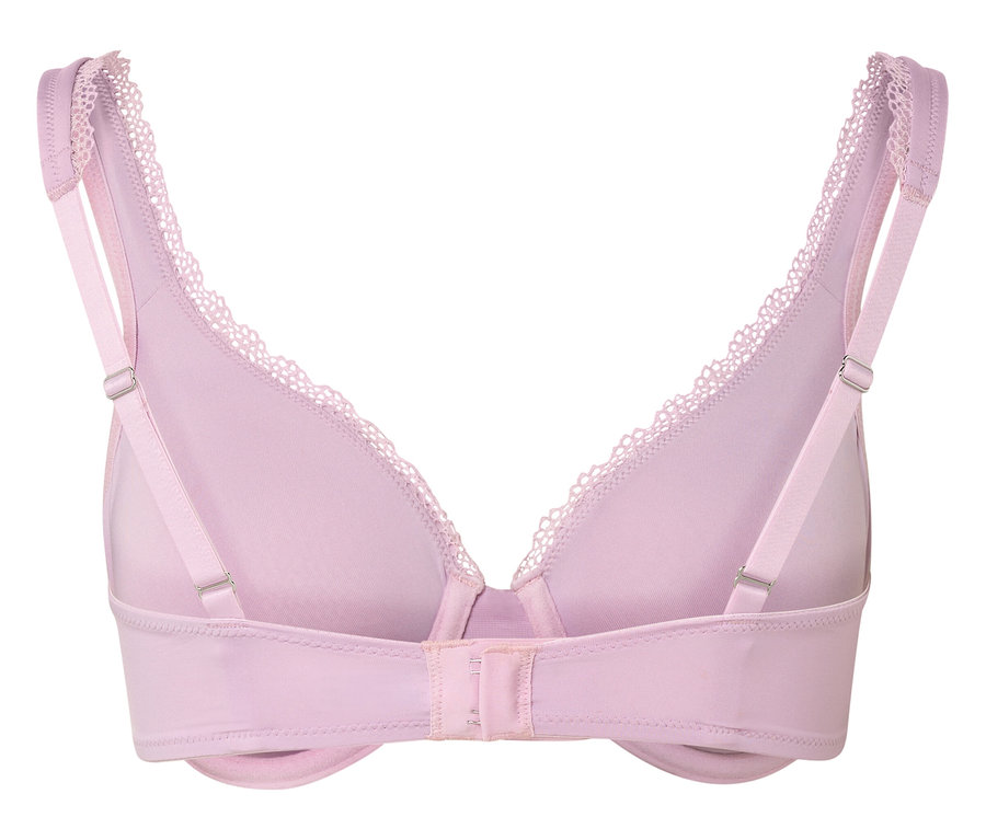 Rückansicht eines hellvioletten BHs mit Spitzenbesatz.