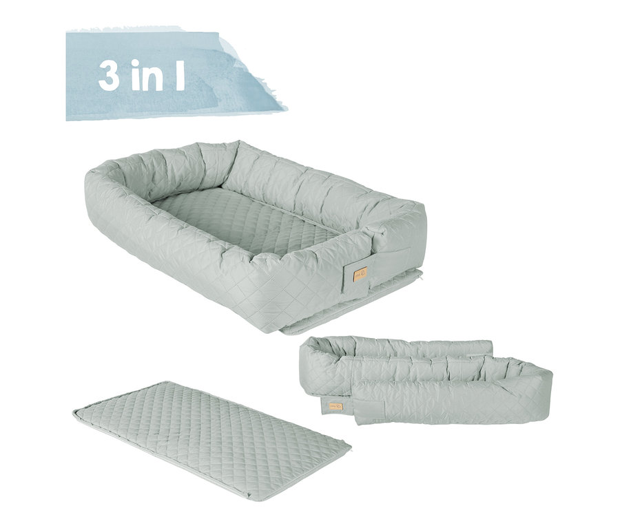 Darstellung von drei verschiedenen Konfigurationen der grünen 3-in-1 Babylounge von Roba.