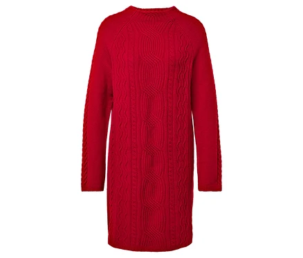 Rotes Strickkleid mit langen Ärmeln und Zopfmuster.