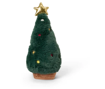 Ein Plüsch-Weihnachtsbaum mit braunem Sockel und goldenem Stern an der Spitze.