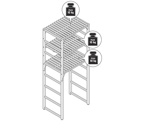 Zeichnung eines Holzregals mit drei Regalböden, jeder mit einer maximalen Tragfähigkeit von 10 kg.