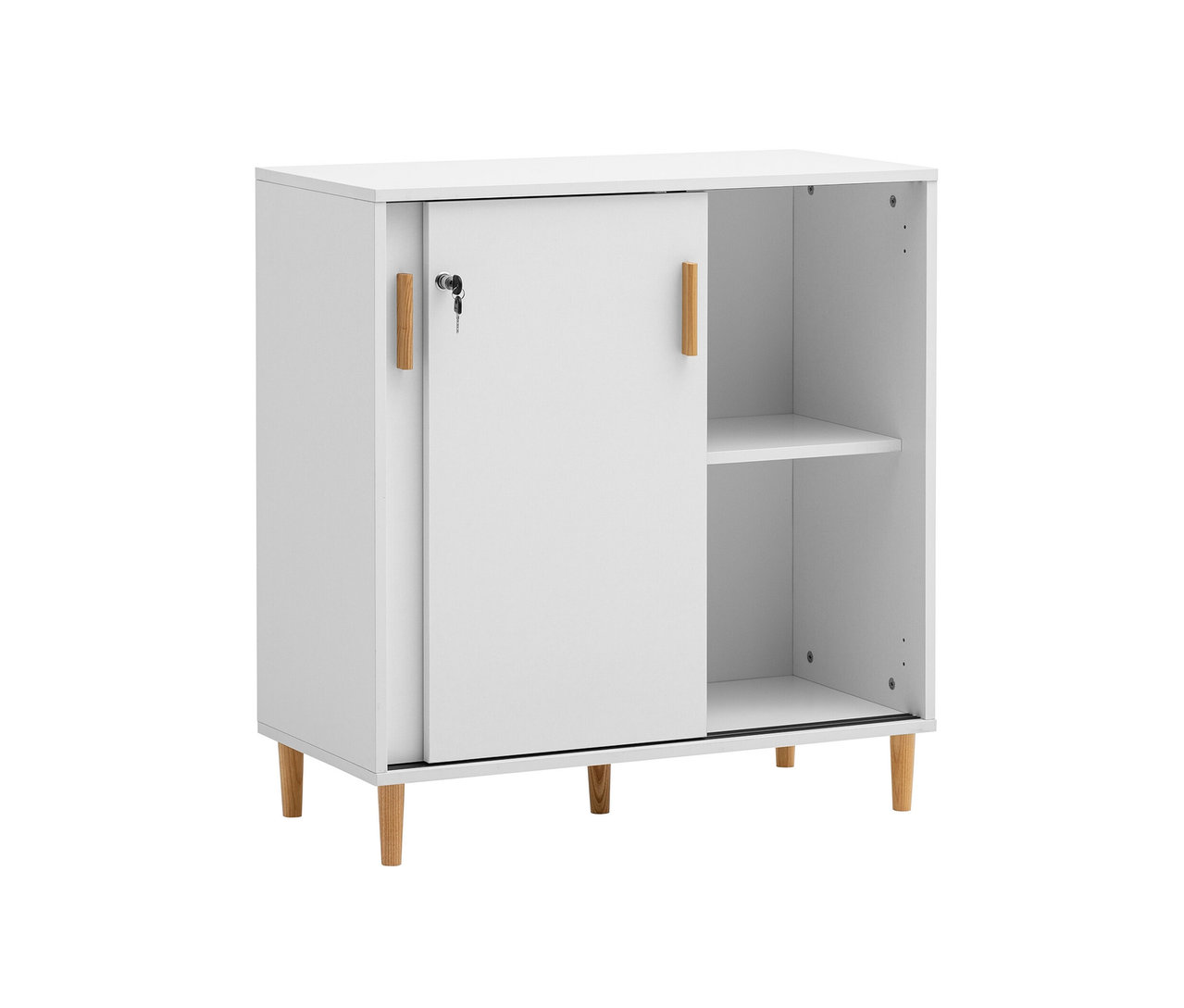 Weißer Aktenschrank »Torge« mit Schiebetür und Holzfüßen.