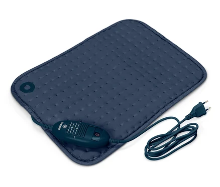 Eine blaue Heizmatte mit Bedienelement und Kabel auf einem weißen Hintergrund.