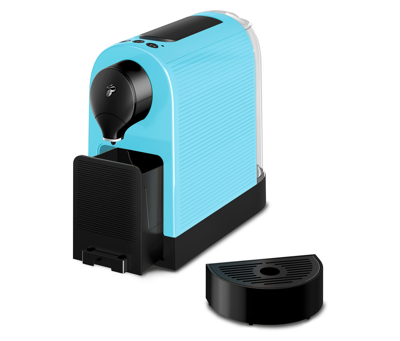 Eine hellblaue Kapsel-Kaffeemaschine mit schwarzem Auslauf und Auffangbehälter steht auf einer weißen Oberfläche.