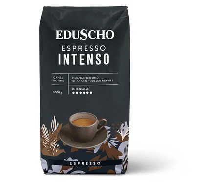 Schwarze Packung EDUSCHO Espresso Intenso mit einer Tasse Espresso auf der Verpackung.