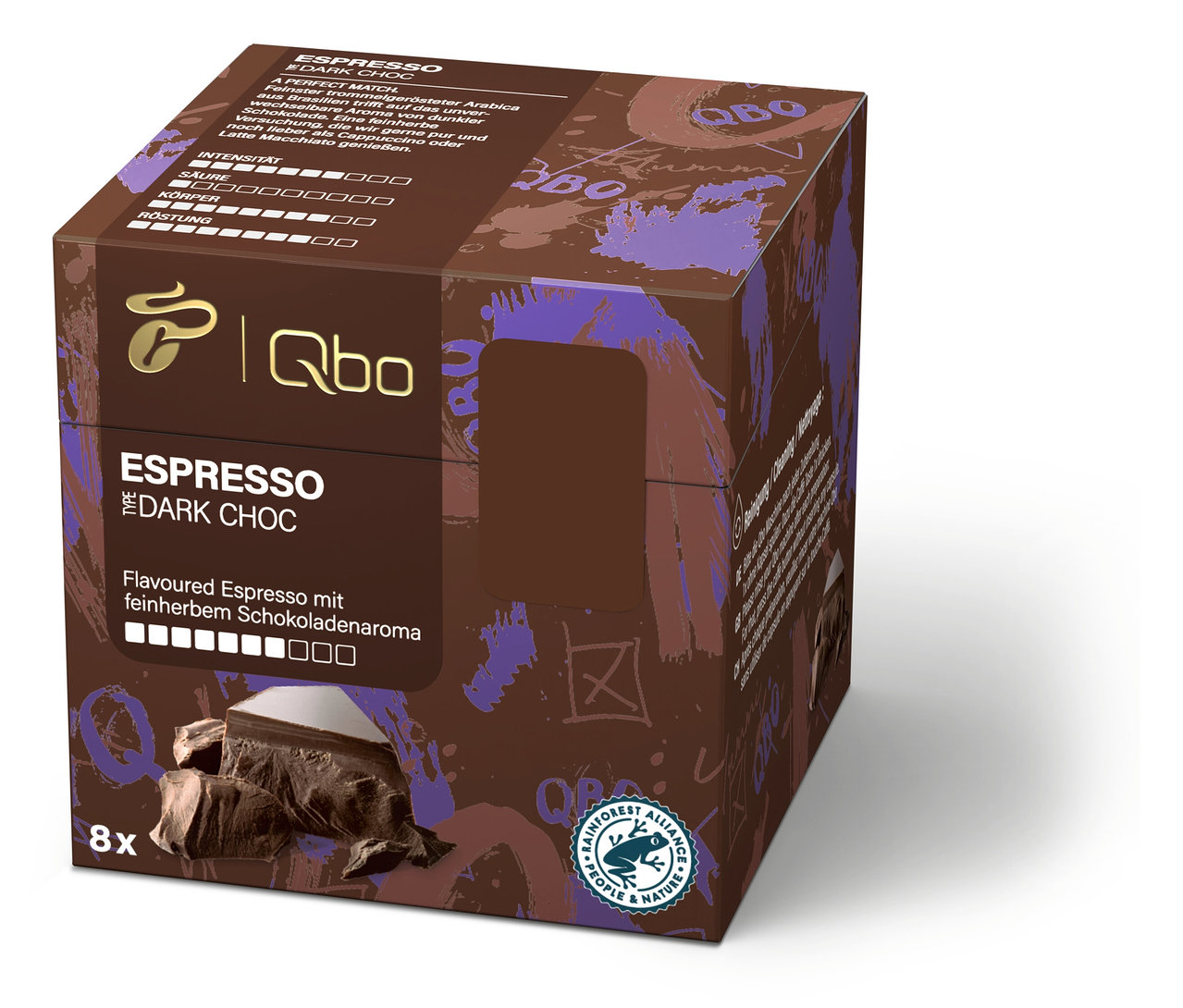 Eine Packung Qbo Flavoured Selection - 24 Kapseln mit Zartbitterschokoladengeschmack.