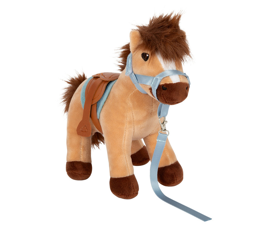 Ein Stoffpferd aus dem small foot Spiel-Set Pferd mit Stall steht auf weißem Grund.