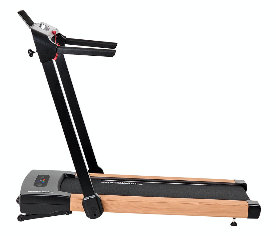 Das Laufband 2 in 1 in Holzoptik steht seitlich mit schwarzen Griffen.