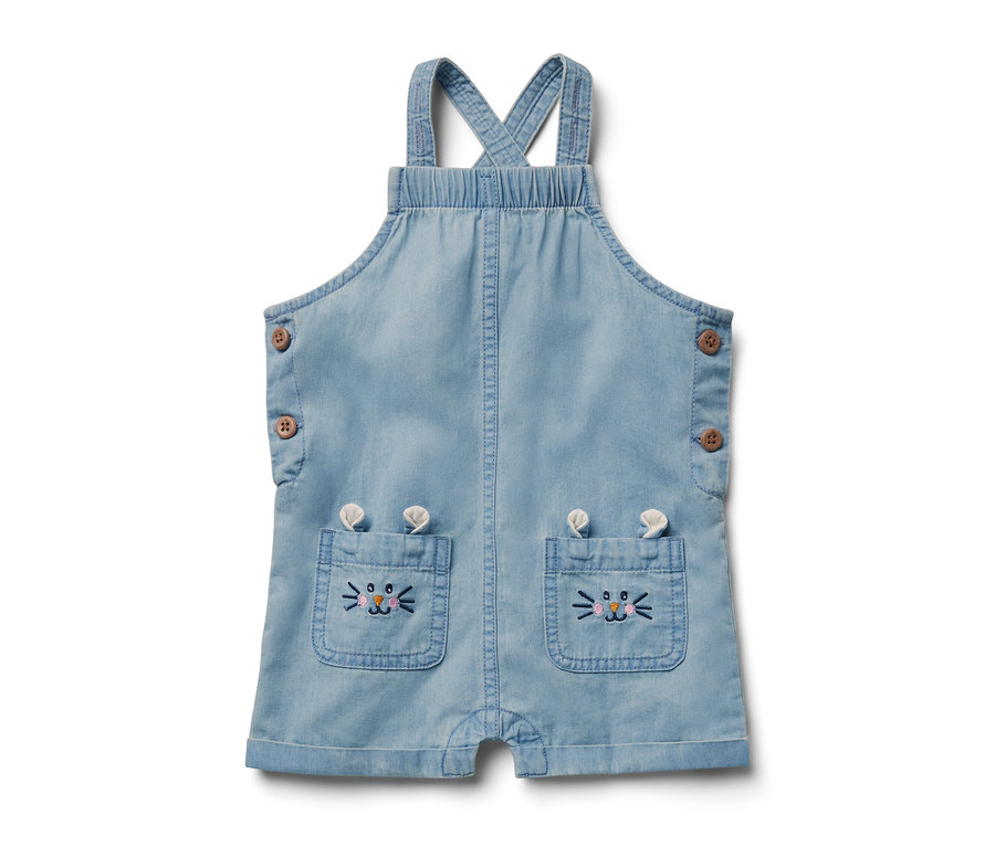 Kinder Chambray-Latzhose mit Tierapplikationen auf den Taschen.