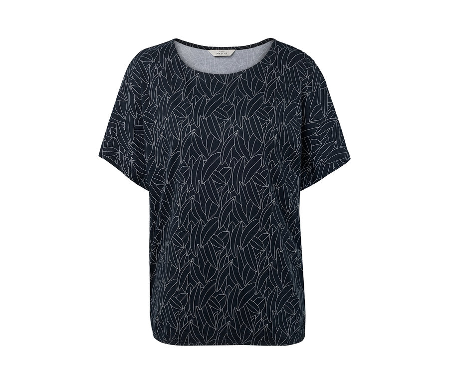 Dunkelblaues, überschnittenes Blusenshirt mit weißem Blattmuster.
