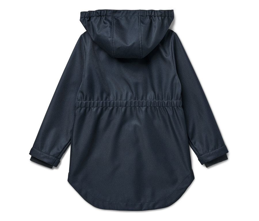 Dunkelblaue Kinder-Softshellmantel von hinten mit Kapuze.