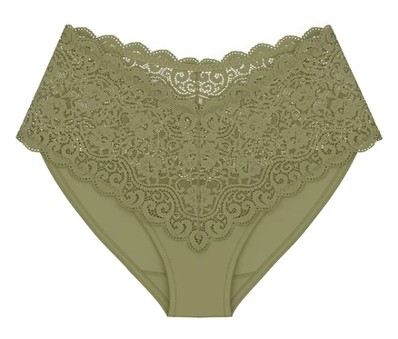 Triumph Amourette Maxi Höschen in Olivgold mit breitem Spitzenbund.
