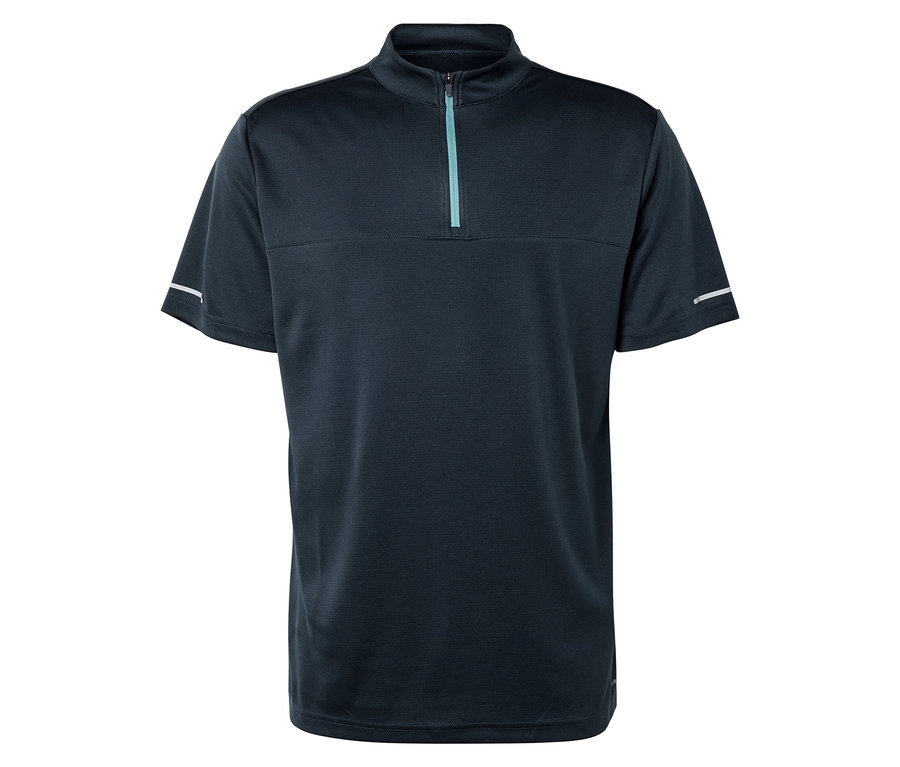 Nahaufnahme eines dunkelblauen Fahrrad-Trikots mit kurzem Reißverschluss und reflektierenden Streifen an den Ärmeln.