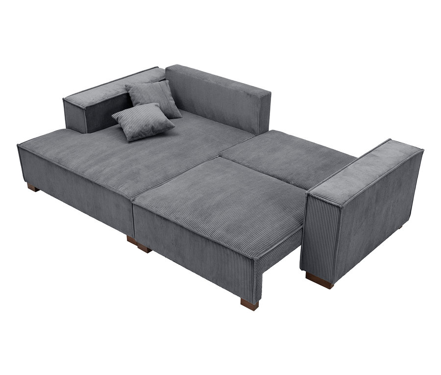 Graues modulares Cordsofa mit zwei Kissen.