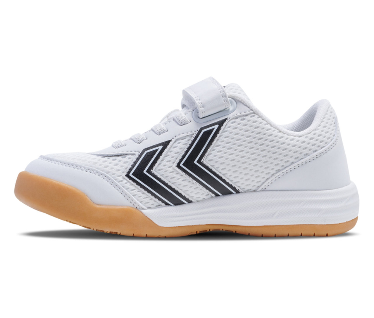 Weißer hummel® Multiplay Flex VC JR Schuh mit Klettverschluss und brauner Sohle.