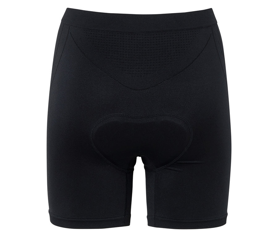 Schwarze Radlerhose mit Polsterung, von hinten gezeigt.