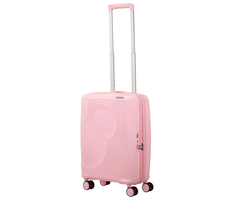 Rosa American Tourister Mickey Magic Trolley mit ausziehbarem Griff und Rollen.