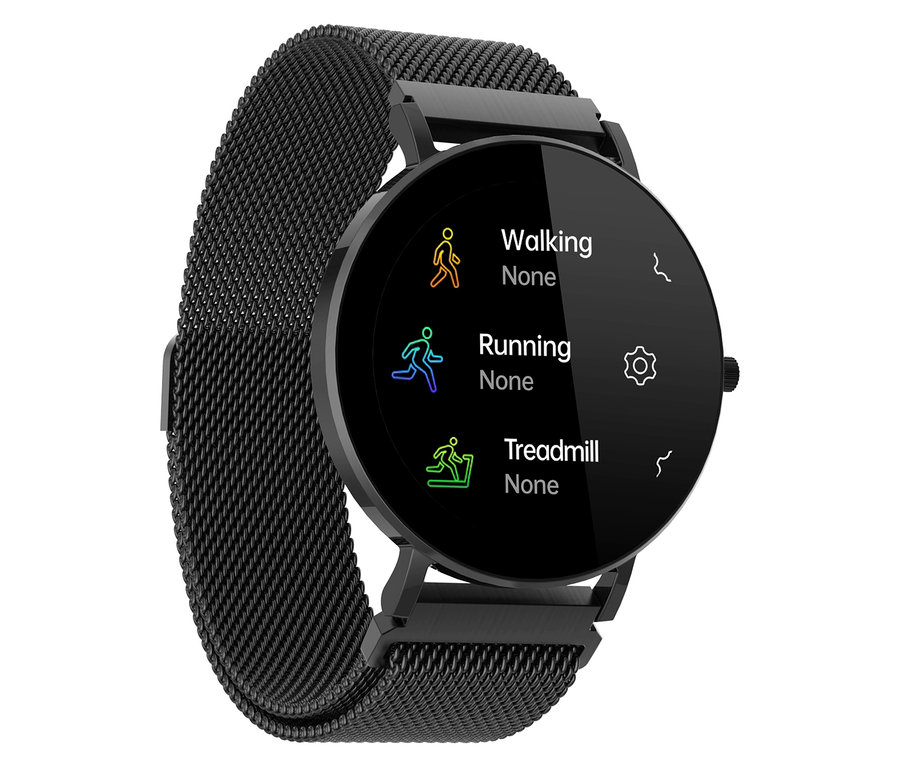 Nahaufnahme der schwarzen Kienzle Uhr »Active Smart Slim« mit Menüanzeige für Walking, Running und Laufband.