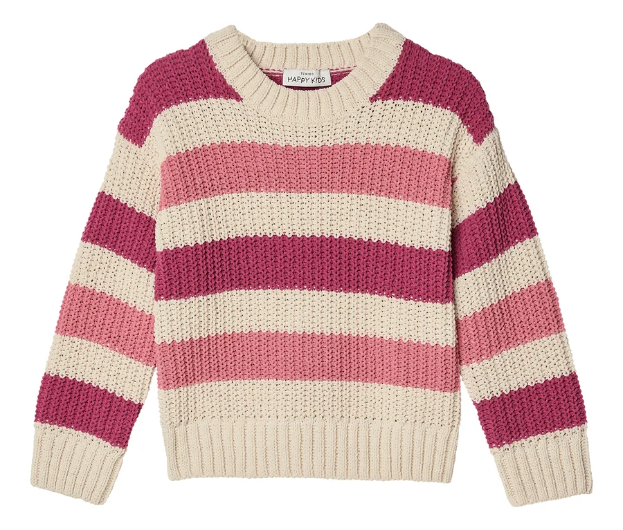 Kinder-Chenille-Pullover mit horizontalen Streifen in Creme, Hellrosa und Dunkelrosa.