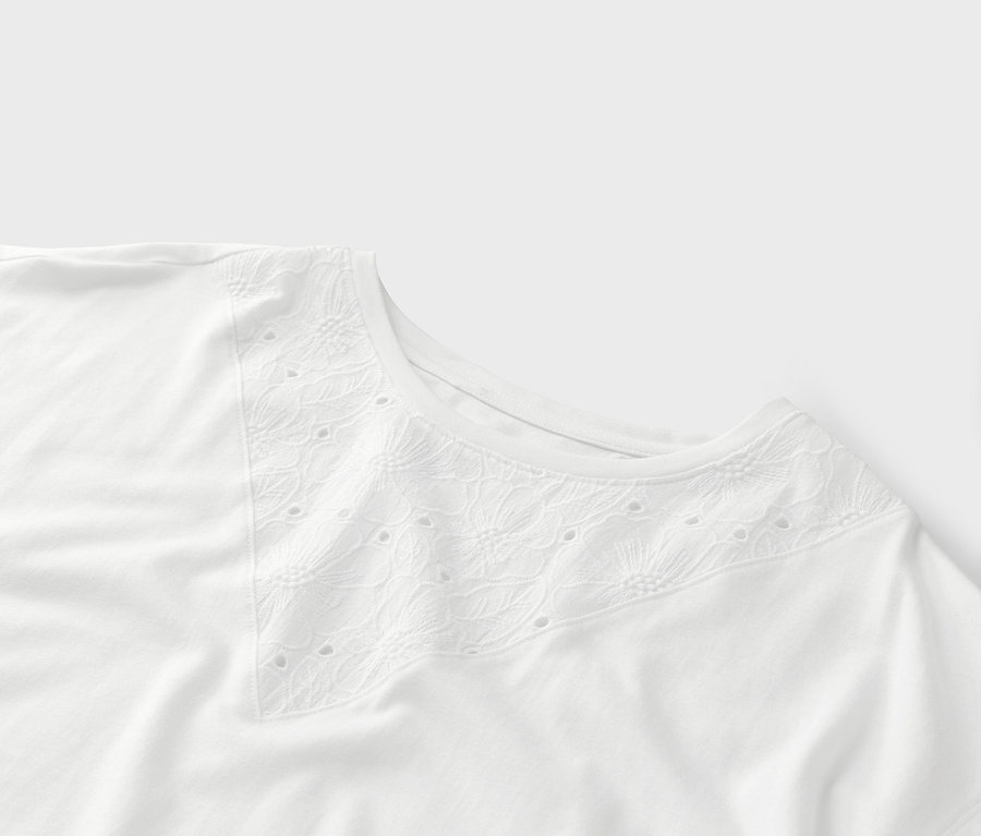 Detailansicht eines weißen T-Shirts mit Lochstickerei im V-Ausschnitt.