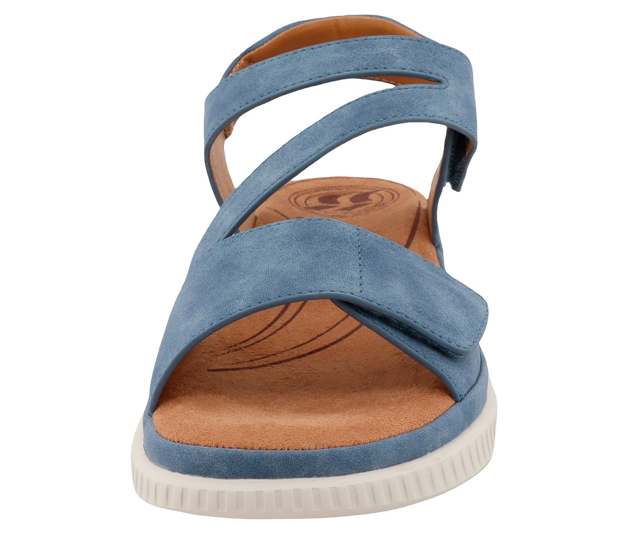 Blaue Sandale mit kreuzförmigen Riemen und weißer Sohle.