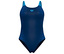 Marineblauer Badeanzug mit blauen Trägern und seitlichen Zierstreifen.