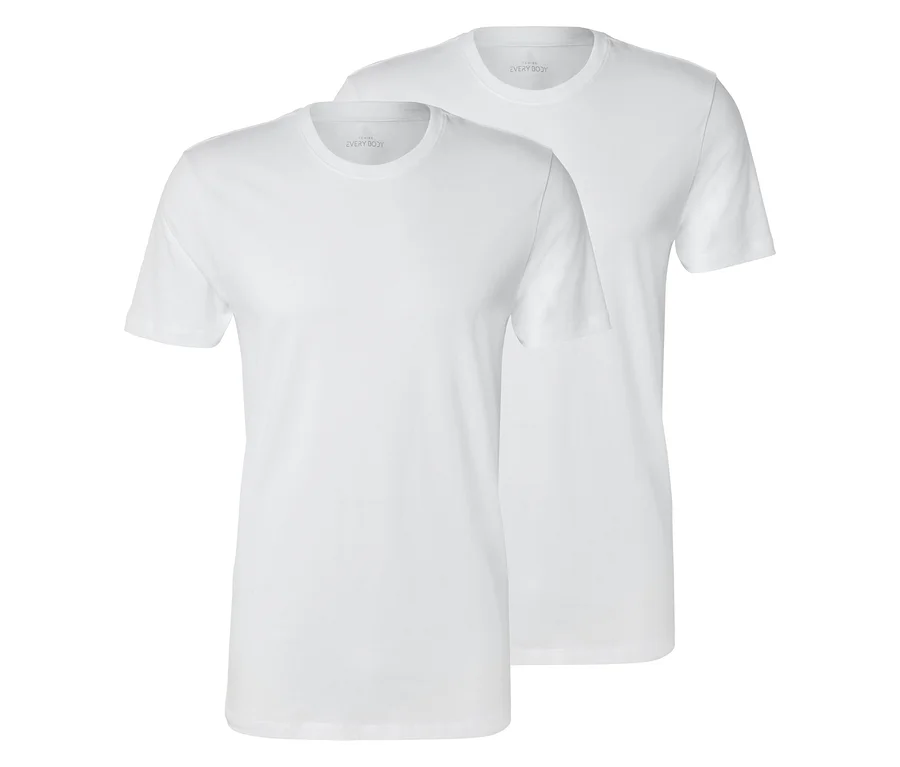 Zwei weiße T-Shirts liegen übereinander, wobei das vordere T-Shirt leicht versetzt ist.