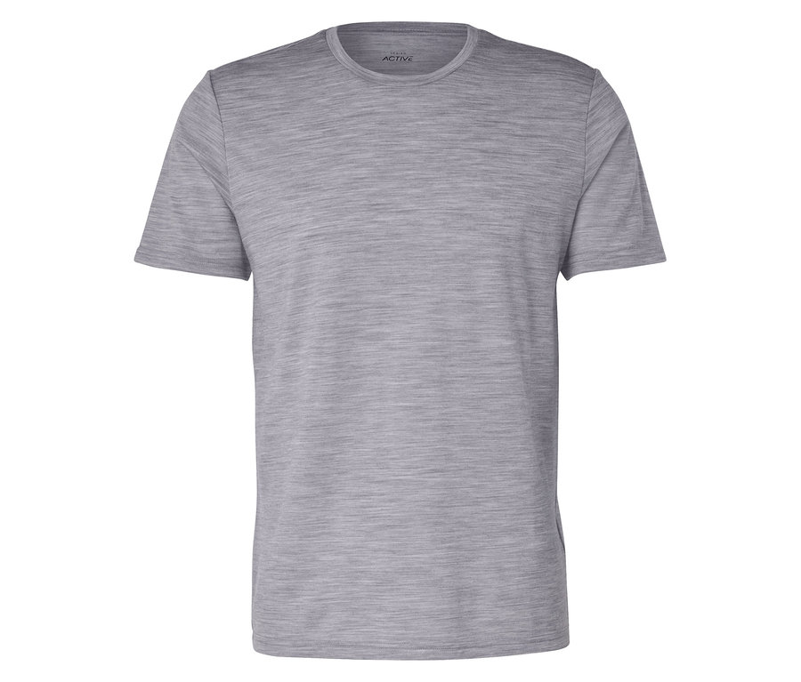 Graues meliertes T-Shirt mit kurzen Ärmeln.