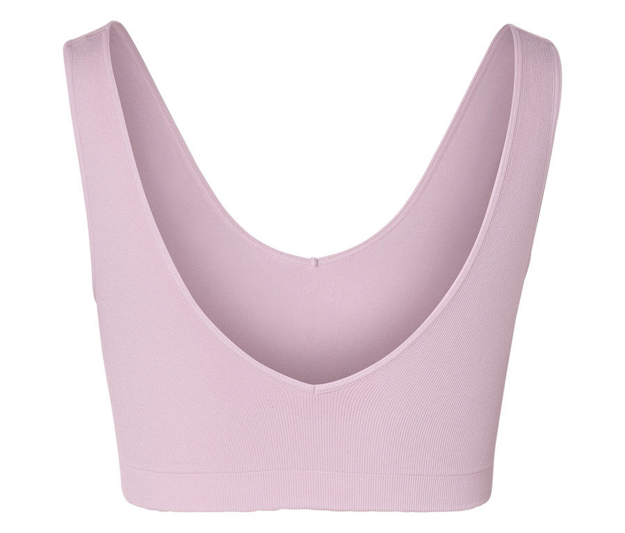 Nahaufnahme eines rosafarbenen Sport-BHs mit V-Ausschnitt.