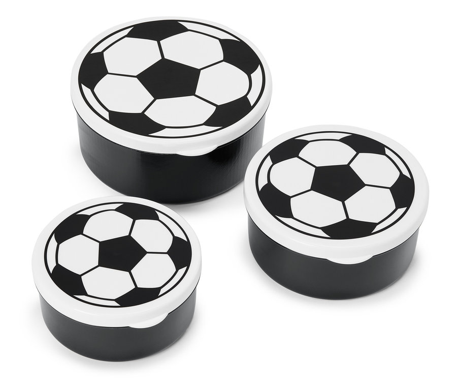 Drei schwarze Dosen mit Fußballmuster auf weißen Deckeln.