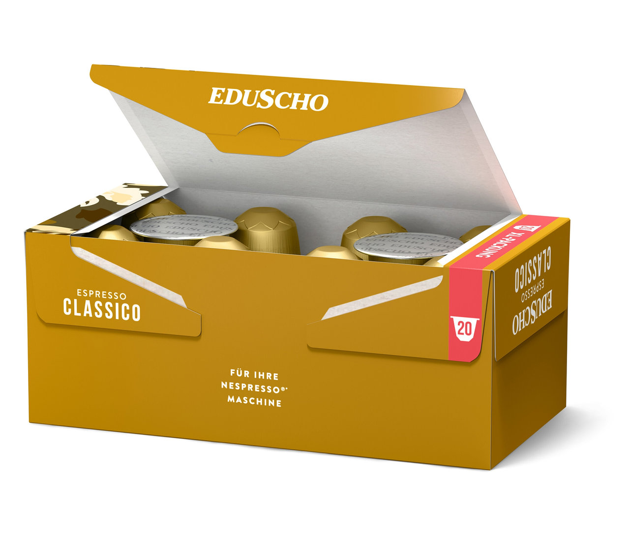 Geöffnete goldene EDUSCHO Espresso Classico Kapselbox mit 20 Kapseln.
