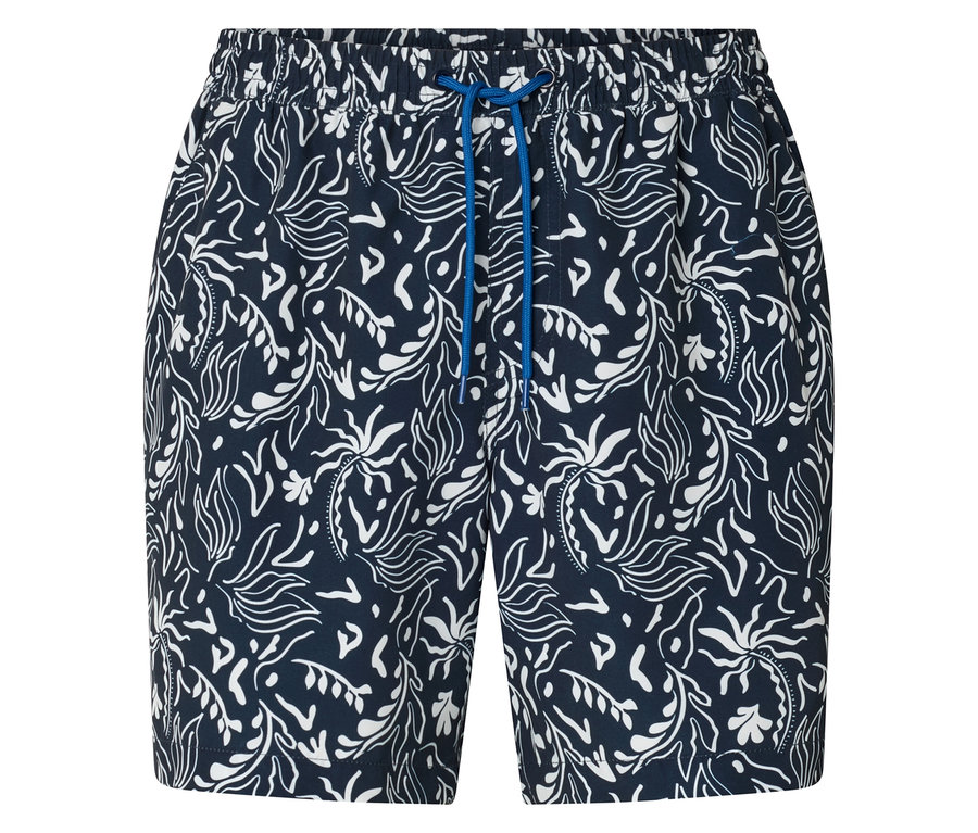 Nahaufnahme von Badeshorts mit blauem Kordelzug und weißem Pflanzenmuster.
