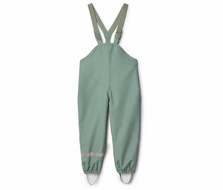 Hellgrüne Regenhose mit Hosenträgern und reflektierenden Streifen an den Beinen.