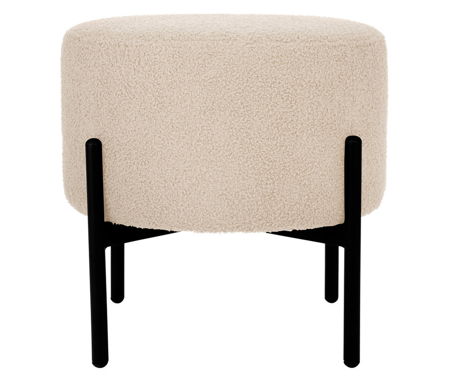 Ein cremefarbener, runder Hocker mit schwarzen Beinen.