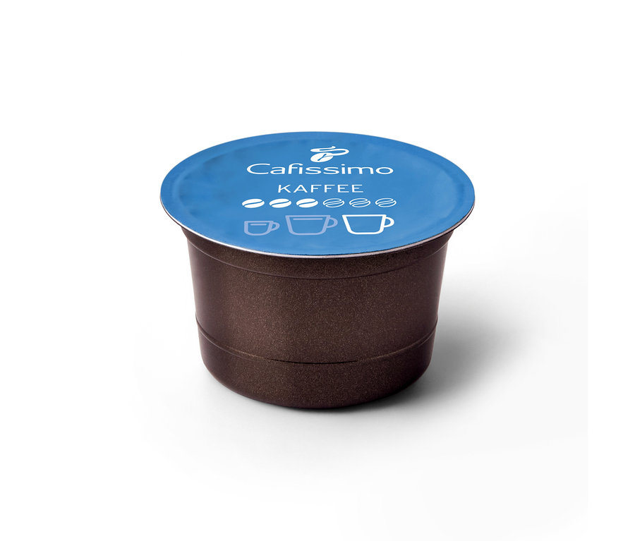 Dunkelbraune Cafissimo Kaffeekapsel mit blauem Deckel, auf dem "Kaffee mild" und drei Tassensymbole stehen.