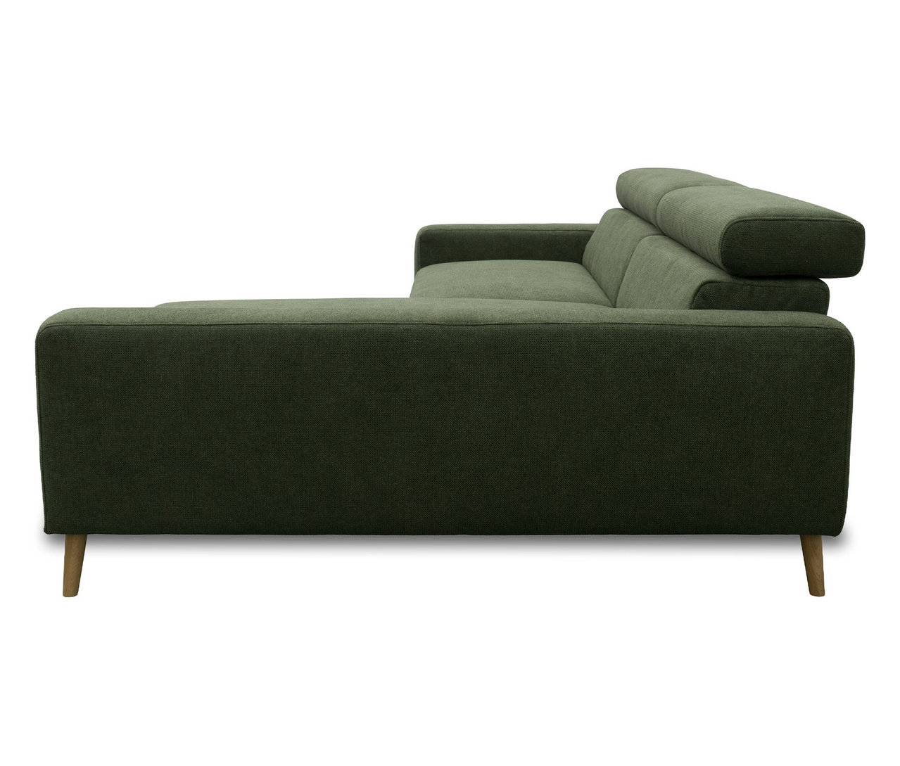 Grünes DOMO Ecksofa »Malmö« mit Longchair rechts, verstellbaren Kopfstützen und Holzfüßen.
