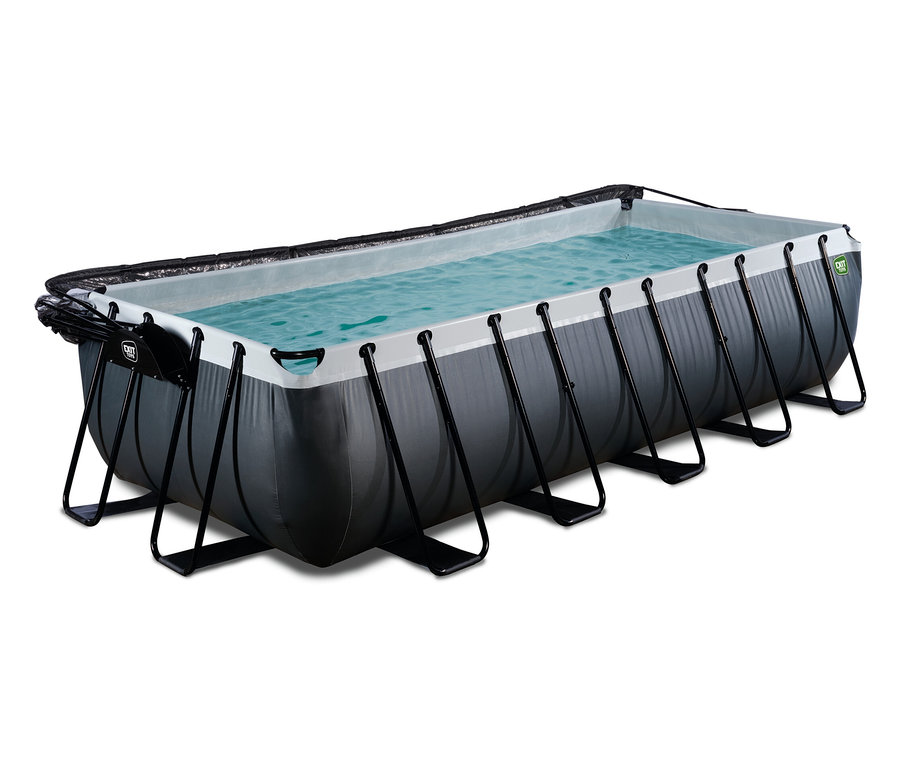 Ein rechteckiges EXIT Pool-Set, 540 x 250 cm, in Lederoptik mit dunkelgrauer Außenwand und schwarzem Stützrahmen, gefüllt mit klarem blauem Wasser.