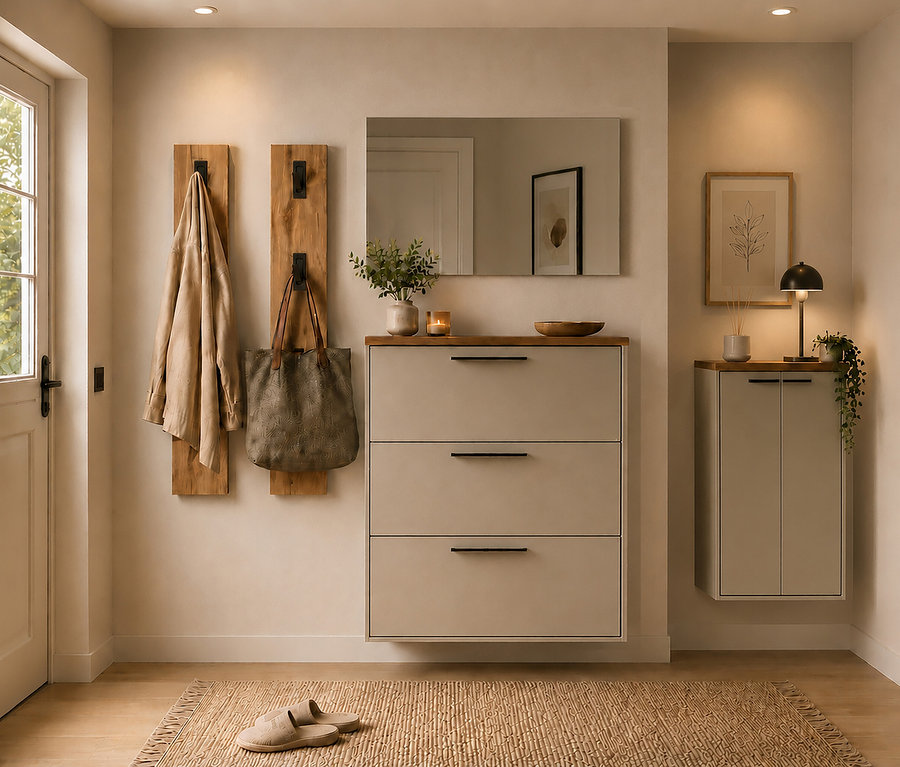 Heller Flur mit einer beigen, wandmontierten Schuhkommode mit drei Schubladen und einem Spiegel darüber. Daneben hängen eine Jacke und eine Tasche an Holzhaken. Ein kleinerer Schrank, eine Lampe und Pflanzen stehen rechts.