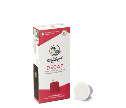 Eine Packung earlybird Bio Decaf, entkoffeiniert - 10 Kapseln. Nespresso-kompatible Kapseln ohne Aluminium.