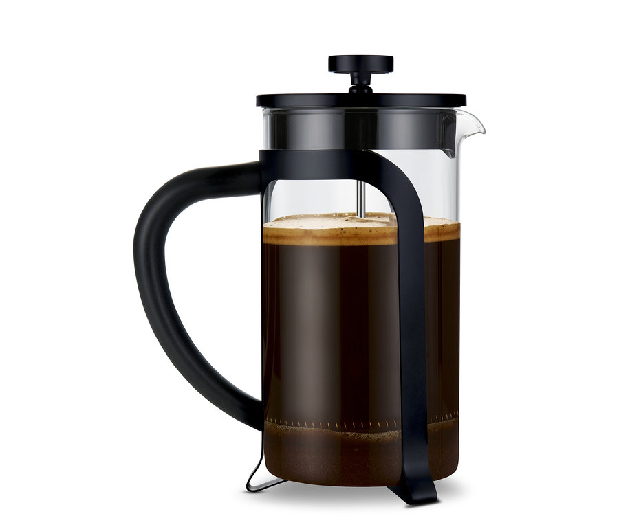 Schwarze Siebstempelkanne 800 ml mit 6 Tassen.