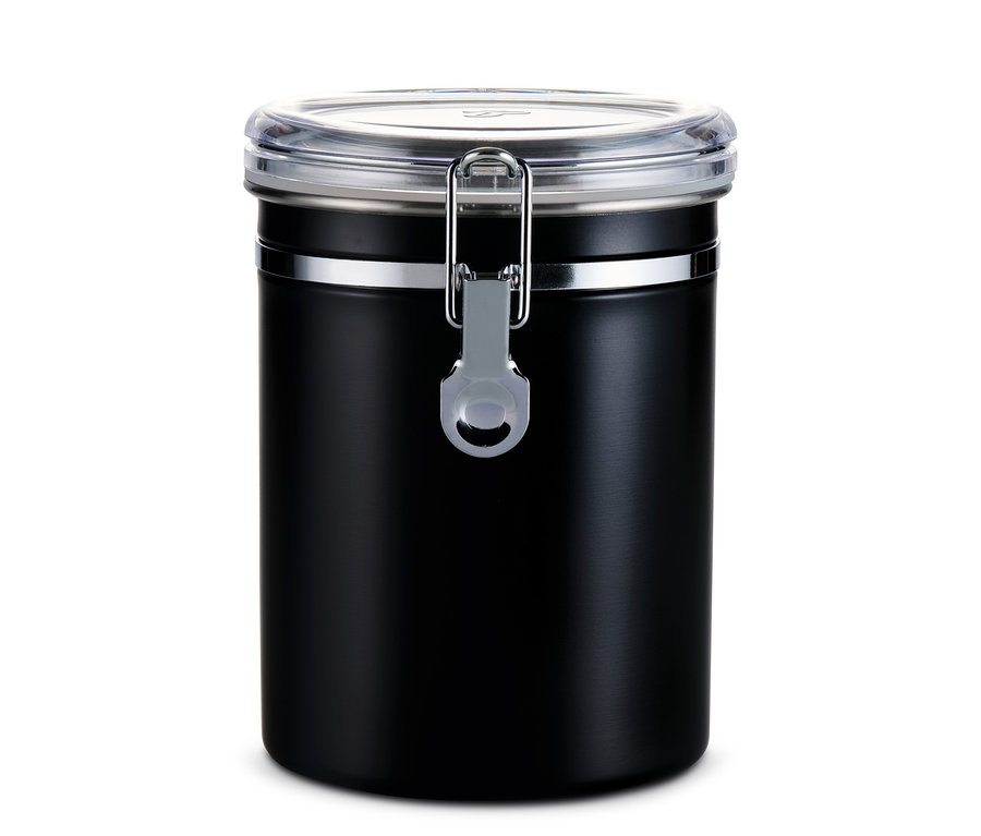 Eine schwarze Aromadose mit transparentem Deckel.