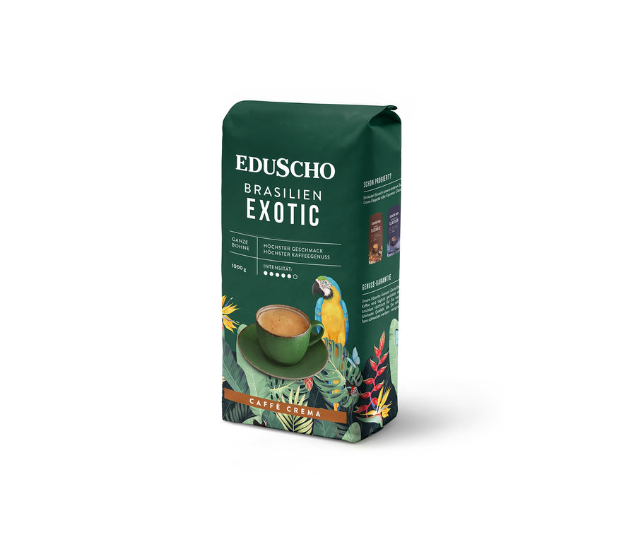 Eine Packung Eduscho Caffè Crema Brasilien Exotic mit einer Tasse Kaffee und einem Papagei.
